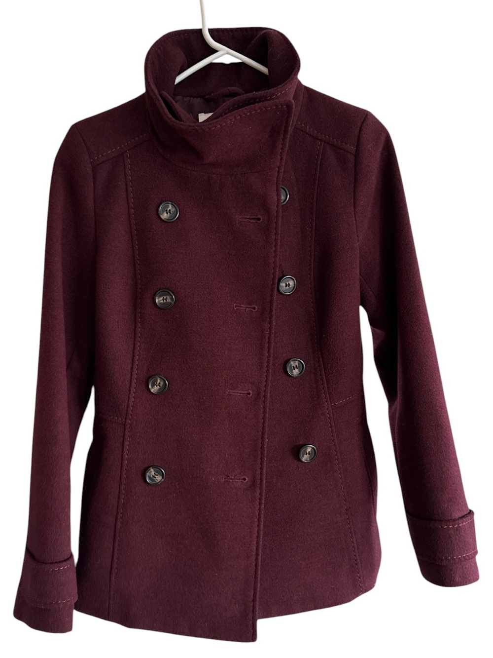 H&M Women's Double-Breasted Wine Peacoat PTP 34”waist 32” Length 25”